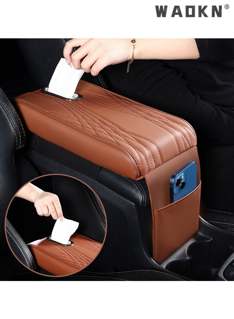 WAOKN Upgraded car armrest box cushion, integrating tissue box storage, multifunctional storage, and height increasing design, brown - Image 2